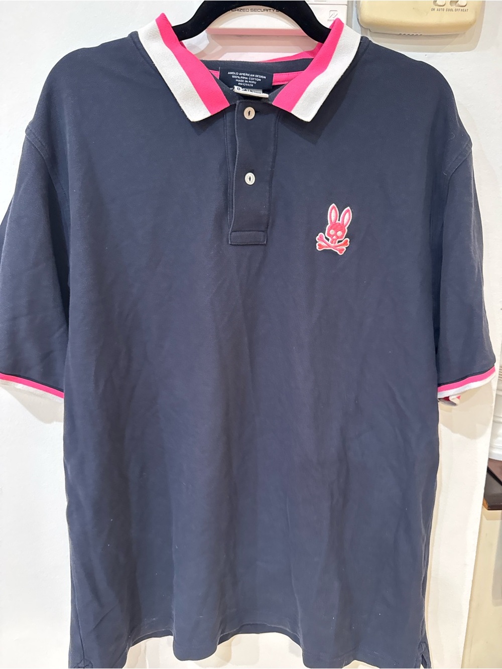 Psycho Bunny Navy Polo with Pink Trim and White Logo XL